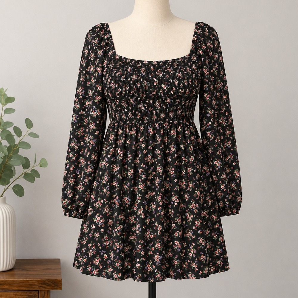 Forever 21+ Floral Smocked Mini Dress 1X Black Long Sleeve Square Neck NWT